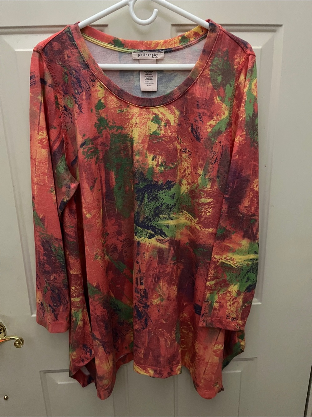 Philosophy Coral Abstract Brushstroke Tunic with Green & Yellow Accents